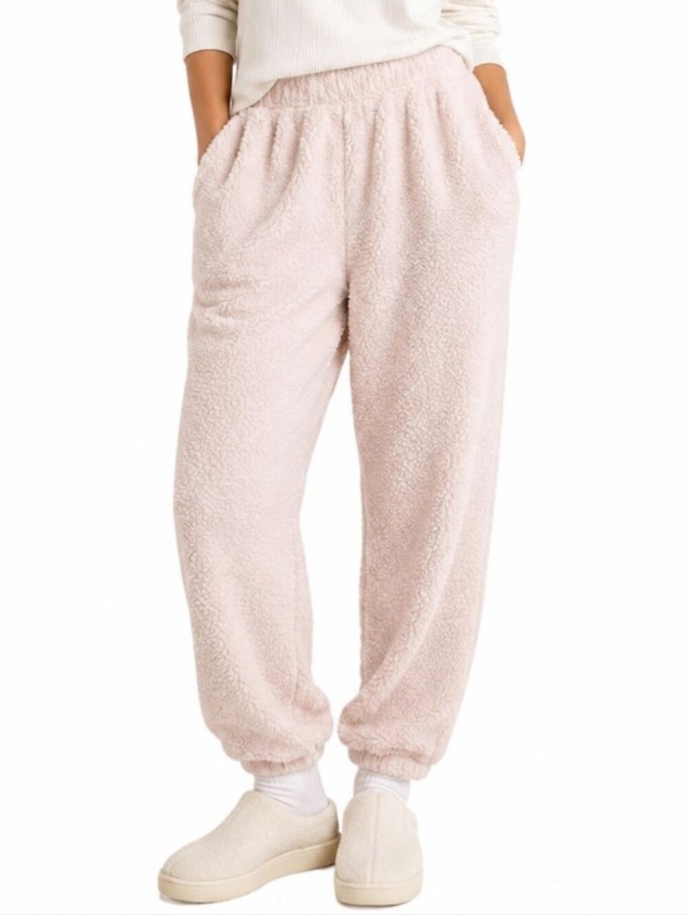 Cozy Teddy Fleece Jogger Large Pants | Soft Lounge Essential Cream‎